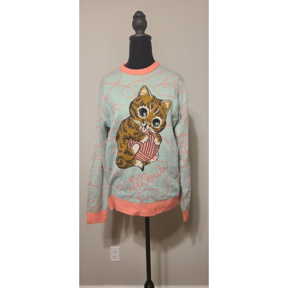 EUC Size XS Adults Good Job Lil Bub Knit Sweater Pink Aqua Cat Yarn
